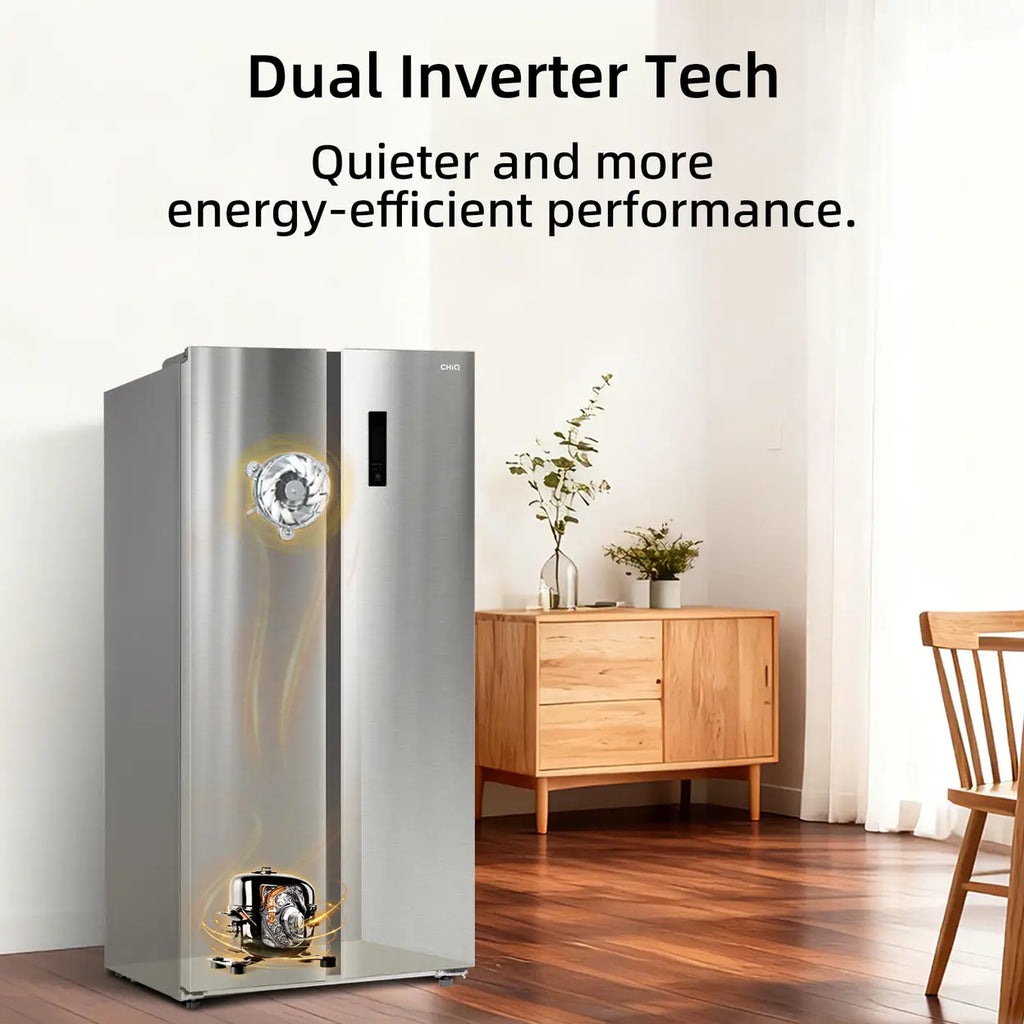 CHiQ JKR433WSSE 430L 84cm Wide Stainless Steel No Frost American Style Fridge Freezer – Side by Side, Dual Inverter Tech, E Rated