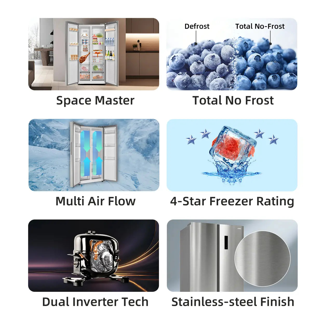 CHiQ JKR433WSSE 430L 84cm Wide Stainless Steel No Frost American Style Fridge Freezer – Side by Side, Dual Inverter Tech, E Rated