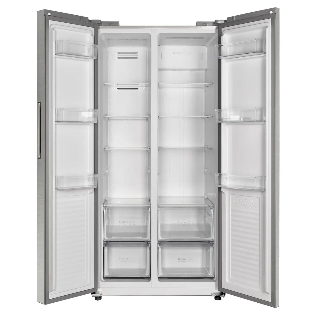 CHiQ JKR433WSSE 430L 84cm Wide Stainless Steel No Frost American Style Fridge Freezer – Side by Side, Dual Inverter Tech, E Rated