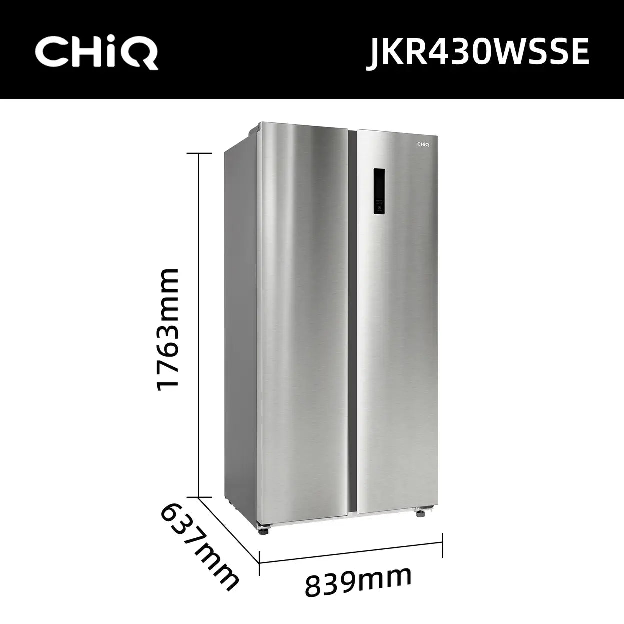 CHiQ JKR433WSSE 430L 84cm Wide Stainless Steel No Frost American Style Fridge Freezer – Side by Side, Dual Inverter Tech, E Rated